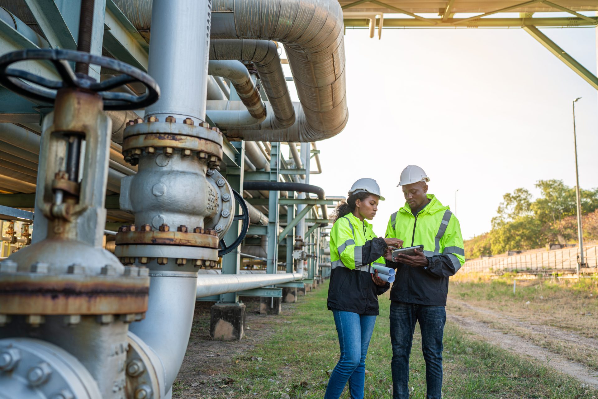 Man and woman inspecting natural gas pipeline.