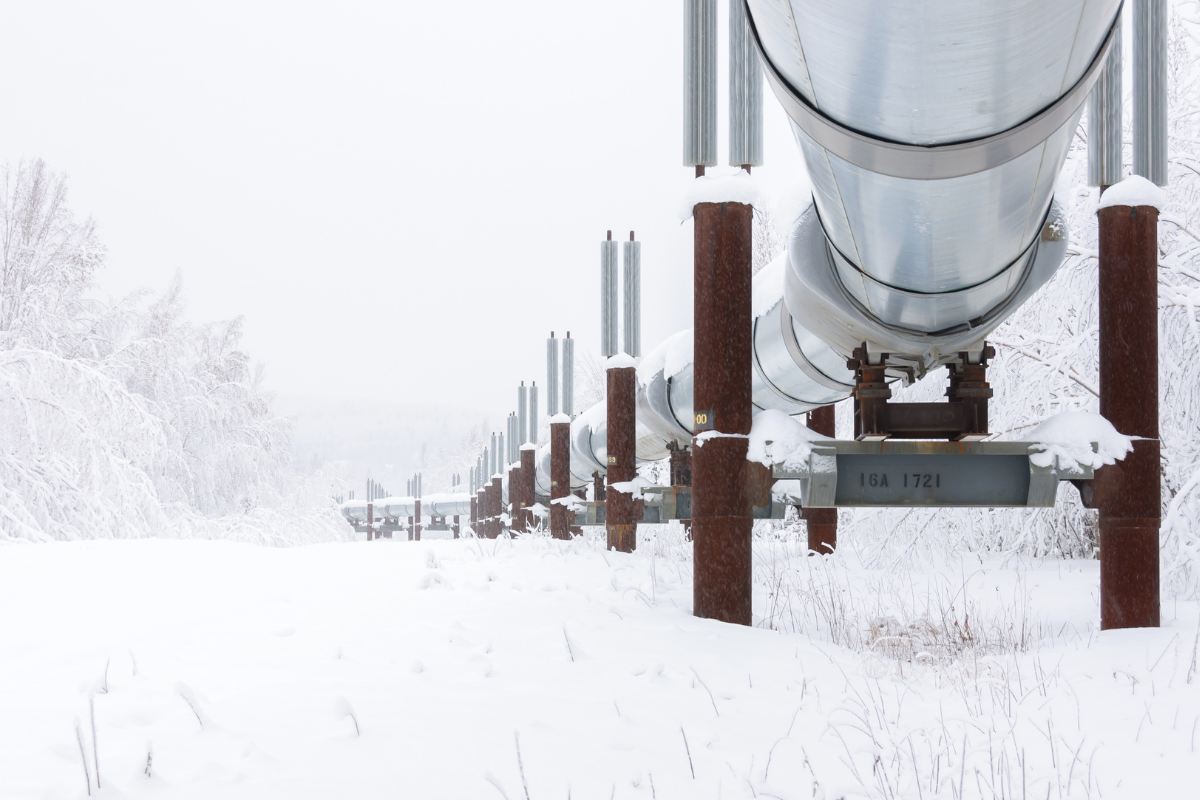 Snow covered field surrounded by trees with a pipeline running through it