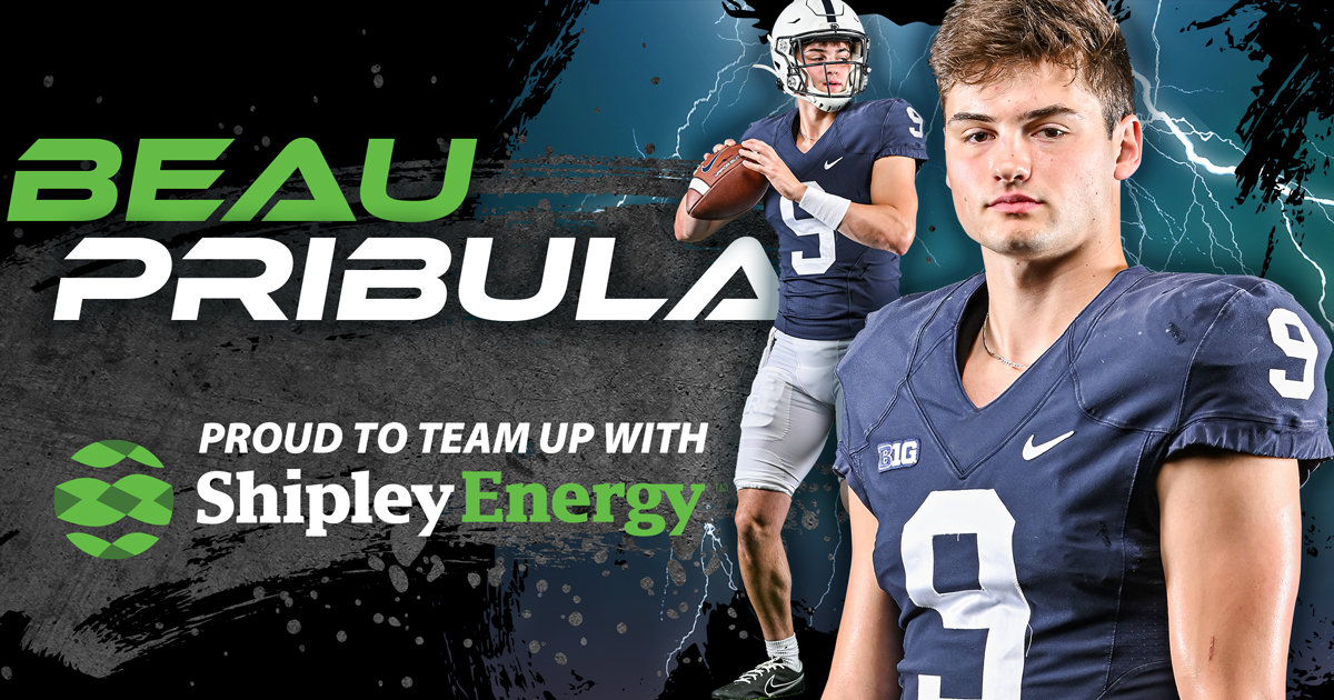 Beau Pribula, Penn State Quarterback, throwing a football in front of the text: Beau Pribula Proud to Team Up with Shipley Energy