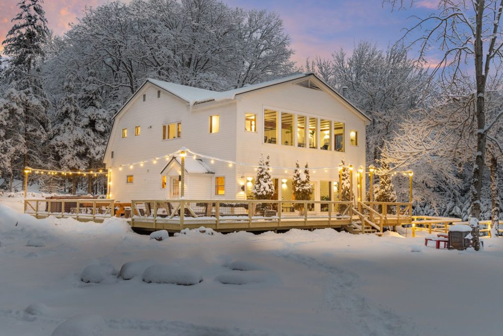 A beautiful house in winter with electric string lights